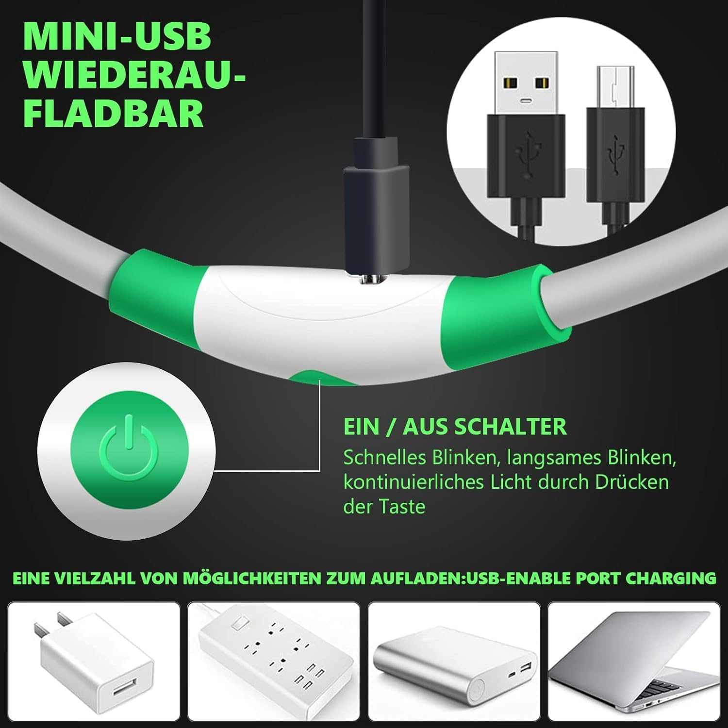 LED Dog Collar, Light up Dog Collars,Rechargeable Dog Lights for Night Walkinguniversal, Reusable Safety Necklace for Small Medium Large Dogs (Green) - Blue image number 3