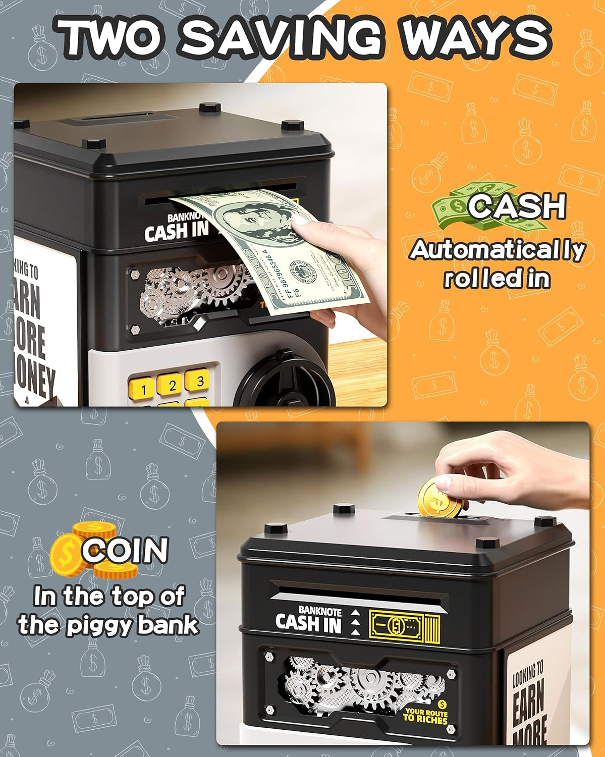 Piggy Bank for Kids Boys 5-13 with 4 Saving Record Cards, Kids Money Safe Banks for Real Money with 4-Digit Password, Electronic Piggy Bank Toys for Boys Girls with Atm-Style Cash Slot, Black - Blue image number 4