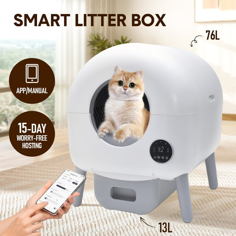 Automatic Cat Litter Box 76L Large Self-Cleaning Electric Pet Litter Tray Smart APP Controlled Safety Protection and 6 Color Lighting with Garbage Bag image number 1