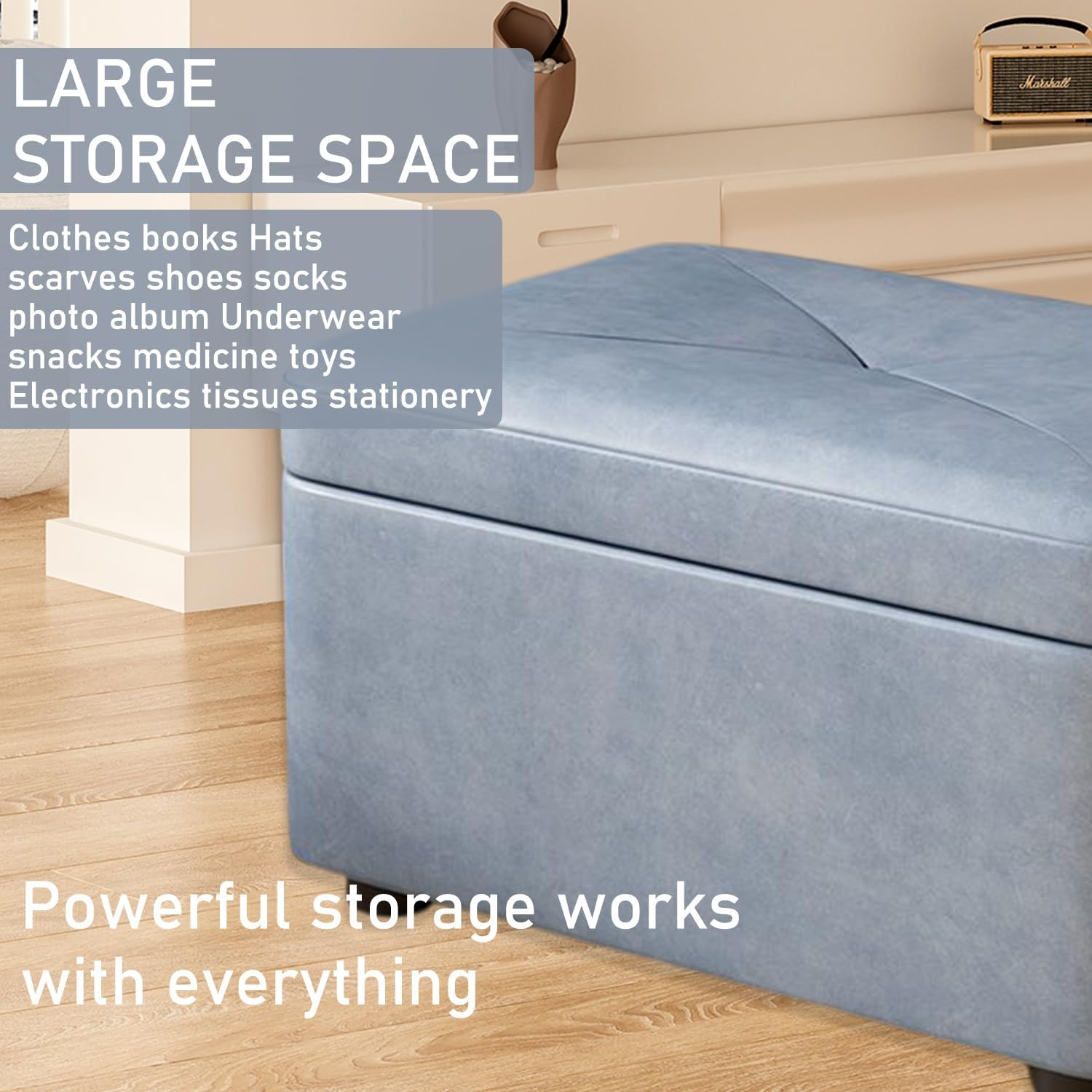 Uandhome Storage Ottoman Cube Storage Box,Multipurpose Foot Stool PU Faux Leather,Square Ottoman Shoe Bench with Padded Seat for Living Room Bedroom Dorm (Blue) - Light Gray image number 7