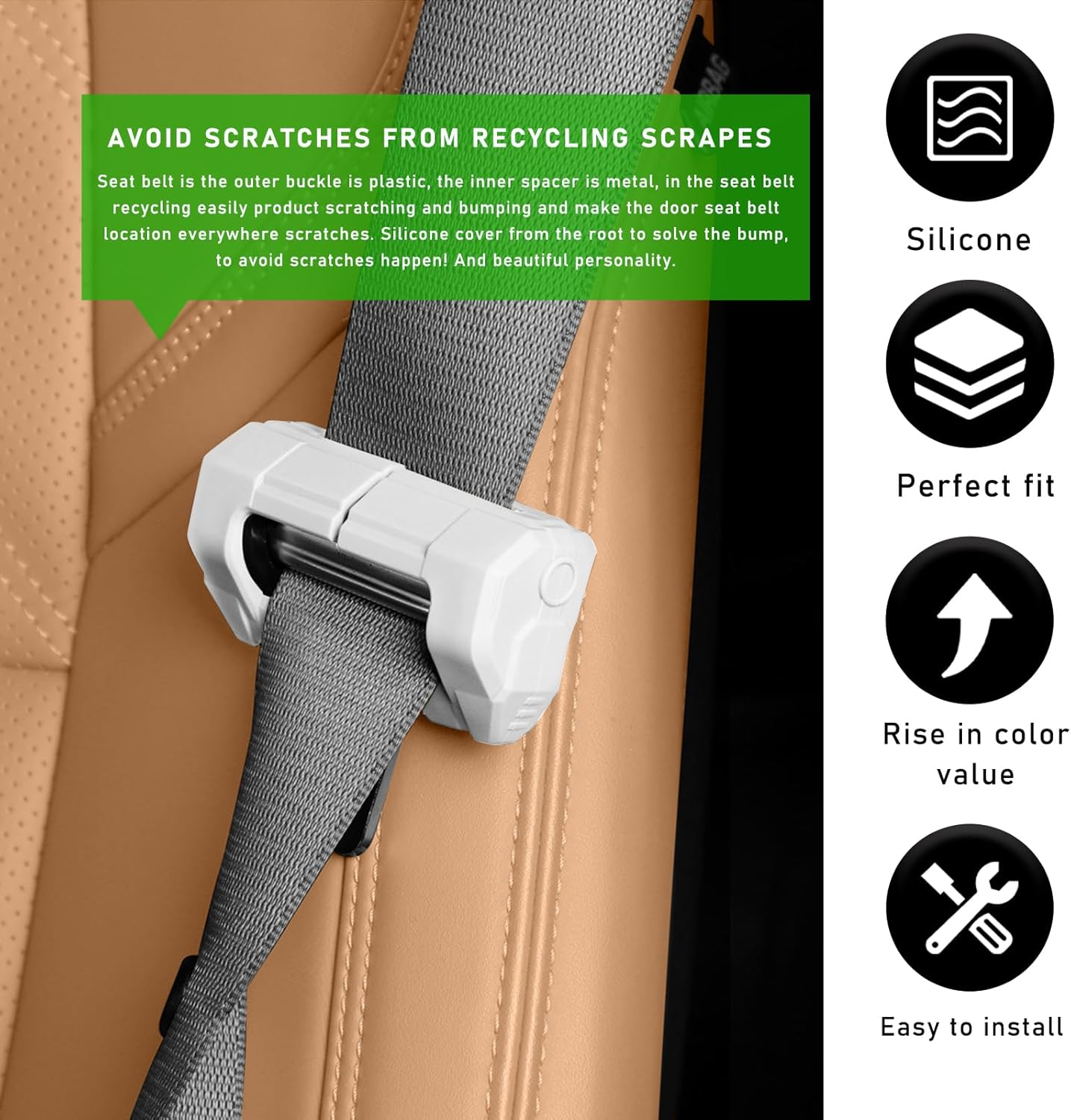 Sylvil 2 PCS Car Seat Belt Buckle Covers, Anti-Scratch Silicon Seat Belt Buckle Protector for Car Safety, Automotive Seat Belt Clips Cover for Van Truck, Interior Car Accessories (White)