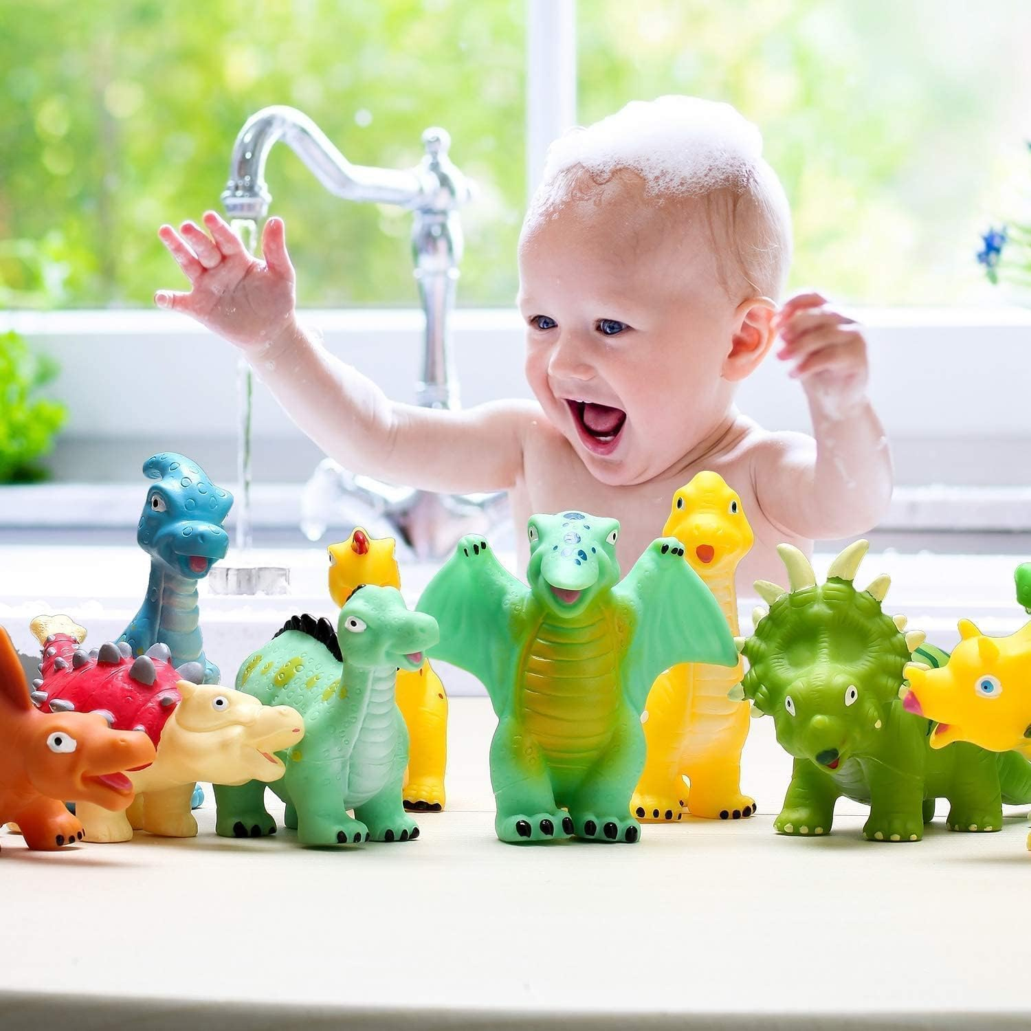 No Hole 12 PCS Dinosaur Bath Toys for Toddler Baby, Mold Free Kids Bathtub Pool Toys, Play at Every Places Toddler Dinosaur Toys, Gift Box image number 5