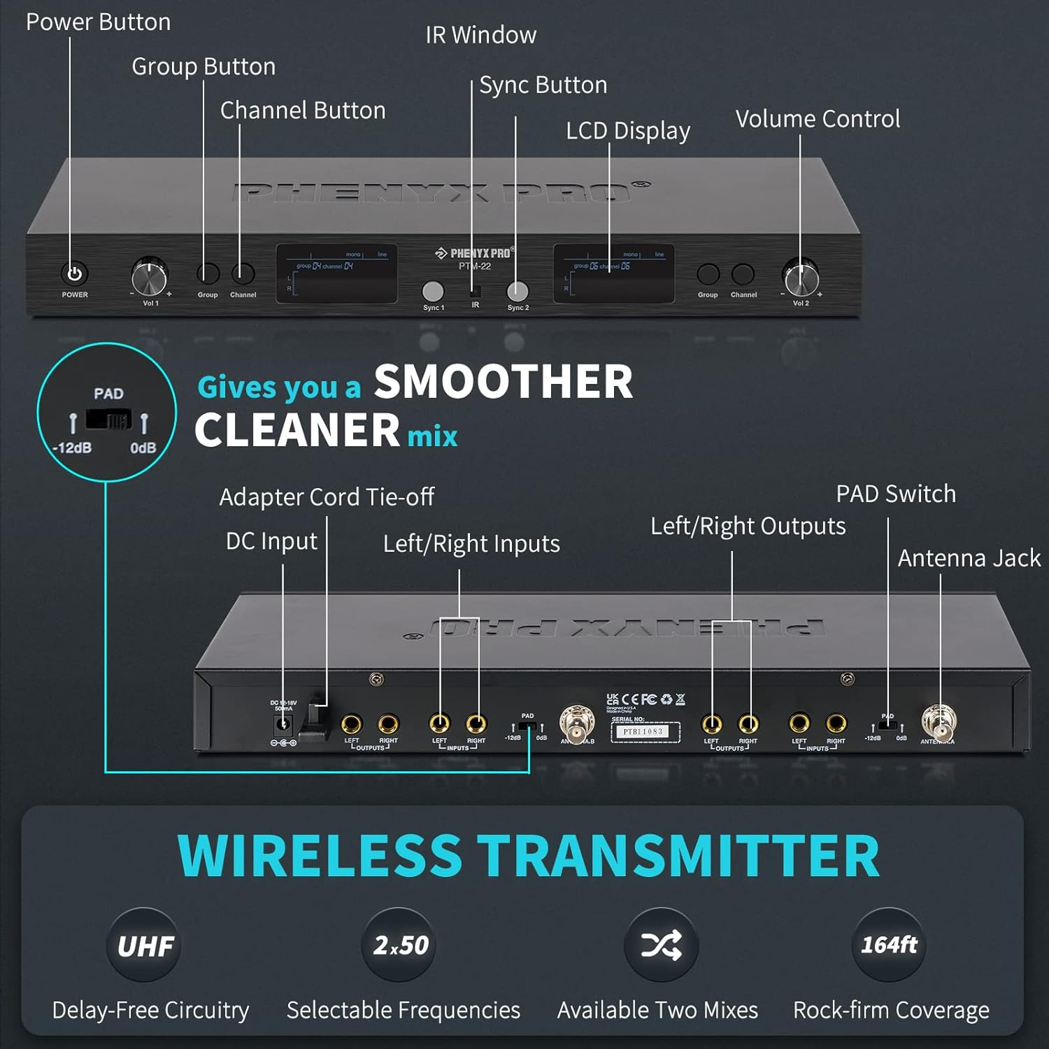 Phenyx Pro in Ear Monitor for Musicians, UHF Wireless In-Ear Monitors System, Mono 2-Channel IEM, Metal Stage Monitor W/ 2X50 Frequencies, 164Ft Long Coverage, Rack Mount Kit (PTM-22, 4 Bodypacks) image number 1