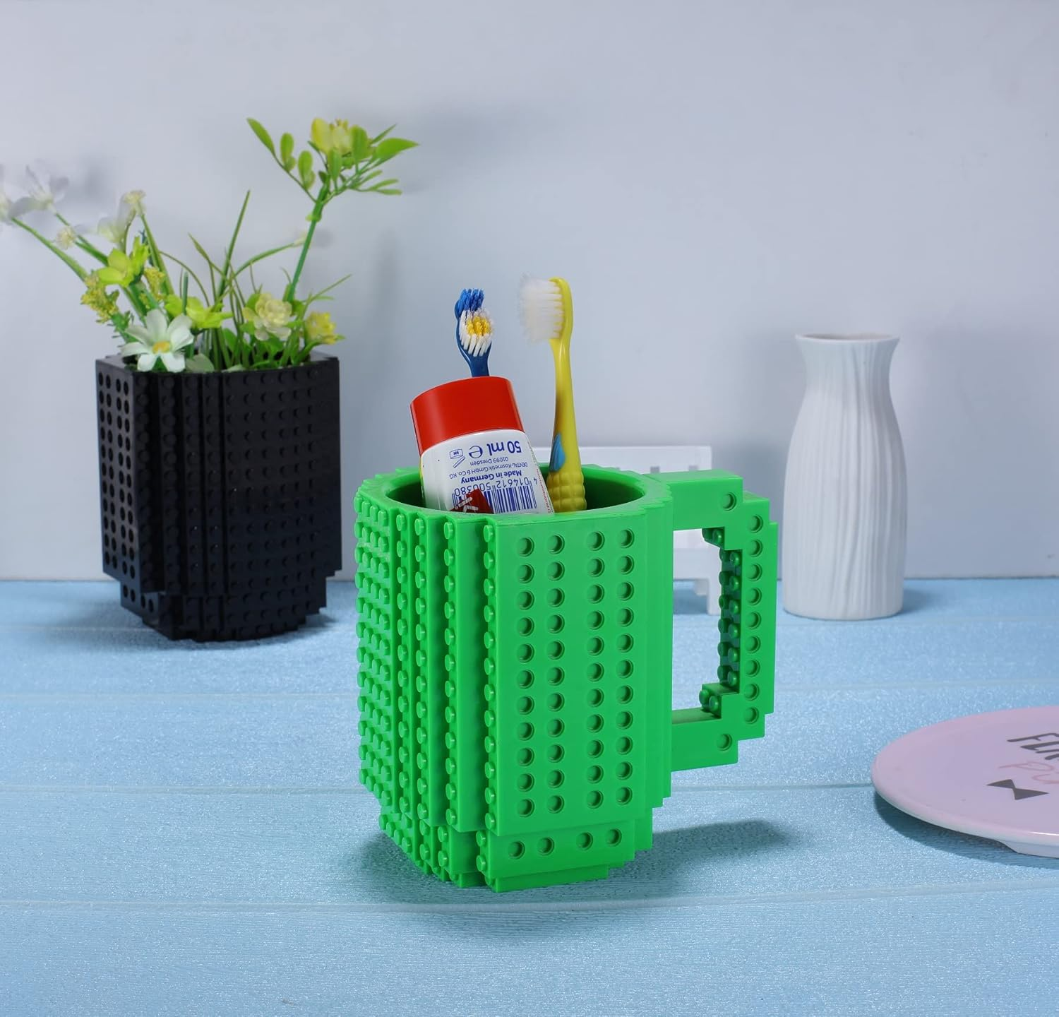 DEEXITO Build-On Brick Coffee Mugs,Creative DIY Cup with Building Blocks Randomly,Novelty Gifts for Kids Adults Birthday Xmas,Green - Orange image number 5
