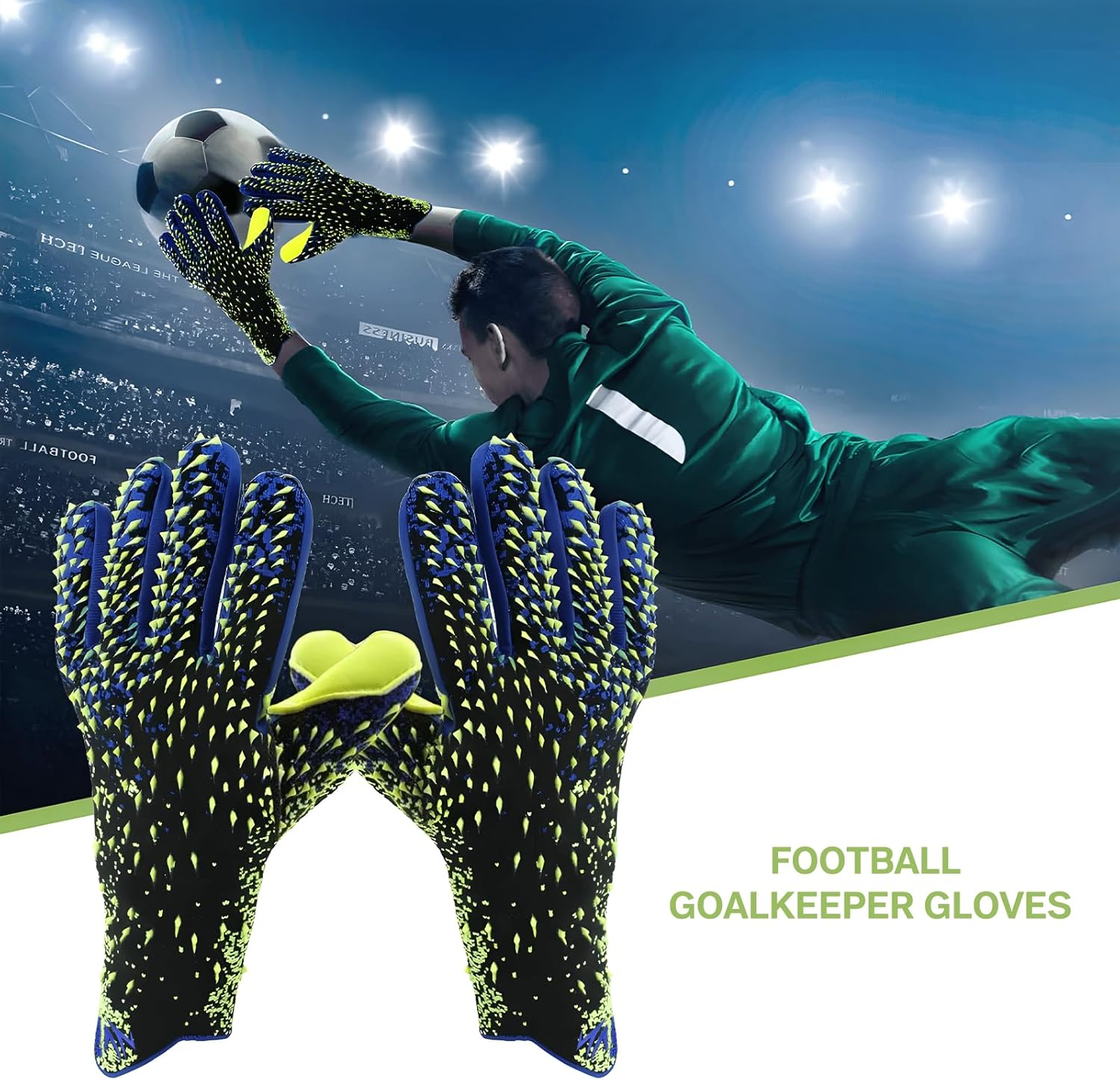 Zezelife Football Goalkeeper Gloves, Soccer Goalie Gloves Kids Boys Children Youth Adults, Gloves anti Slip, Full Finger Breathable Mesh Self Adjustable Wrist Sports Soccer Gloves Green