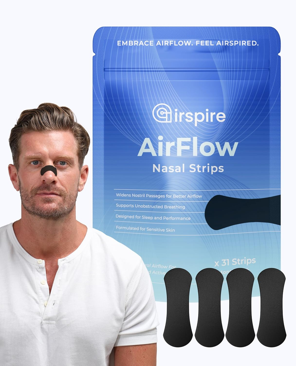 Airspire Airflow Nasal Strips - 31-Pack | Nose Strips for Sleeping & Active Lifestyles | Improve Airflow with Extra-Strength Adhesive & Contoured Design | 100% Hypoallergenic Snoring Relief & Congestion Support | Black | image number 6