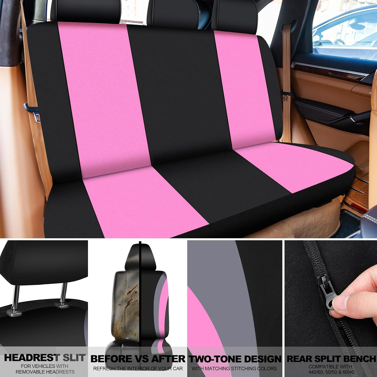 ROCEEI 43 Pcs Pink and Black Car Seat Cover Full Set for Women Christmas Fuzzy Car Accessories Fluffy Steering Wheel Cover Front Rear & Belt Handbrake Shift Accessory for Winter