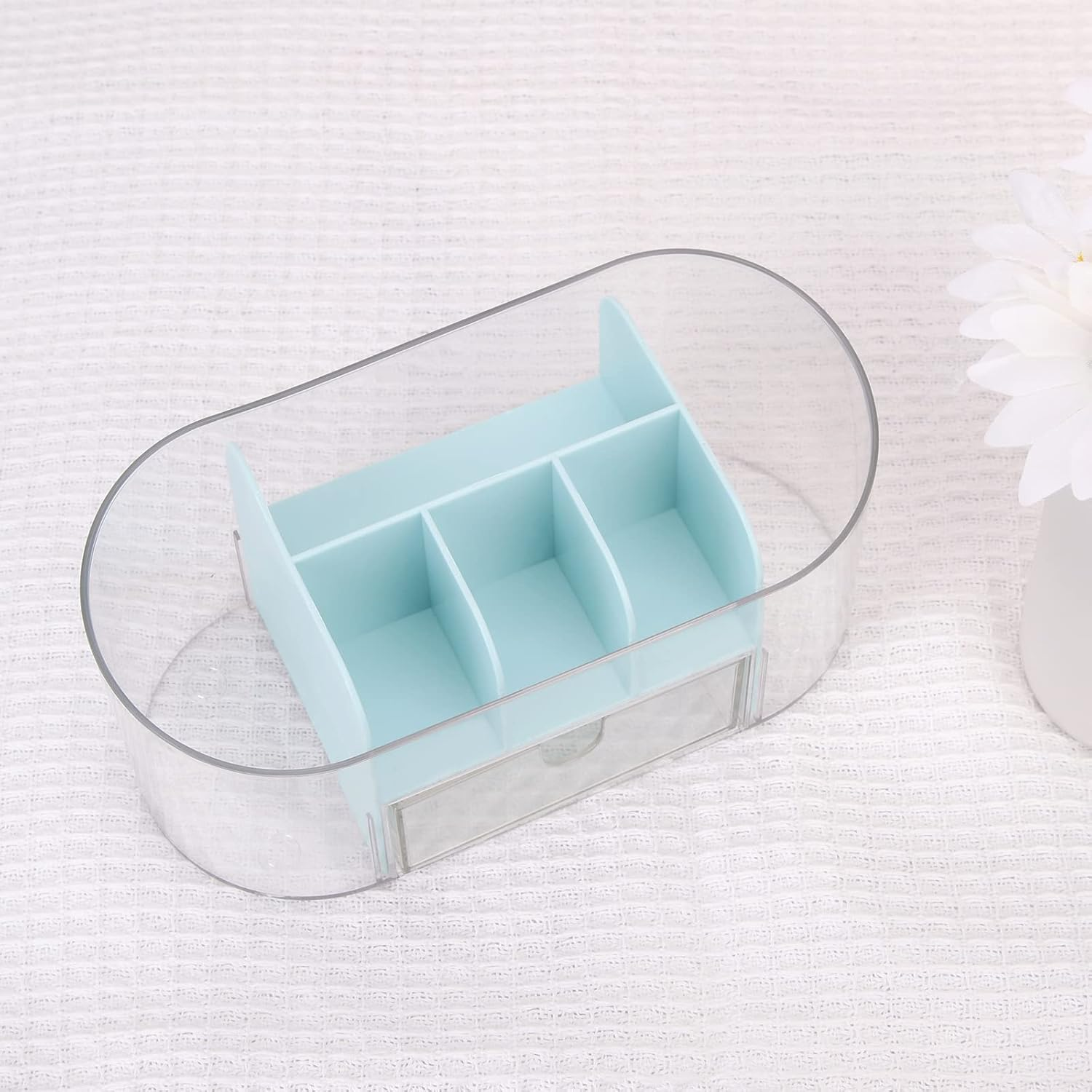LETURE Clear Desk Organizer with Drawer, Acrylic Pen Pencil Markers Holder, Clear Office Supplies and Accessories,Desktop Organizer for Room College Dorm Home School (Blue) - Blue image number 4