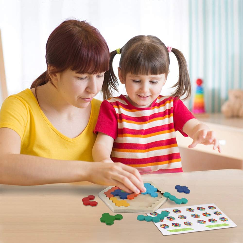 Wooden Brain Teaser Toy for Kids Adults Tangram Jigsaw Intelligence Colorful Hexagon Geometry Logic IQ Game STEM Montessori Educational Toys for All Ages Challenge image number 1