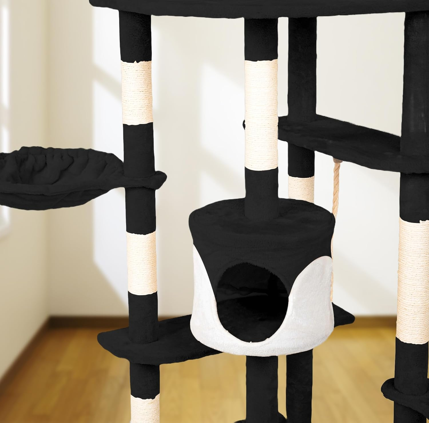 Casa Basics Cat Tree Scratching Post for 1-3 Cats, Large Height 204 Cm Climbing Tower, Multi-Level Stable, Activity Trees, Platforms, Rope, Rope, Hutches, Nests, Soft Plush Fabric (Black)