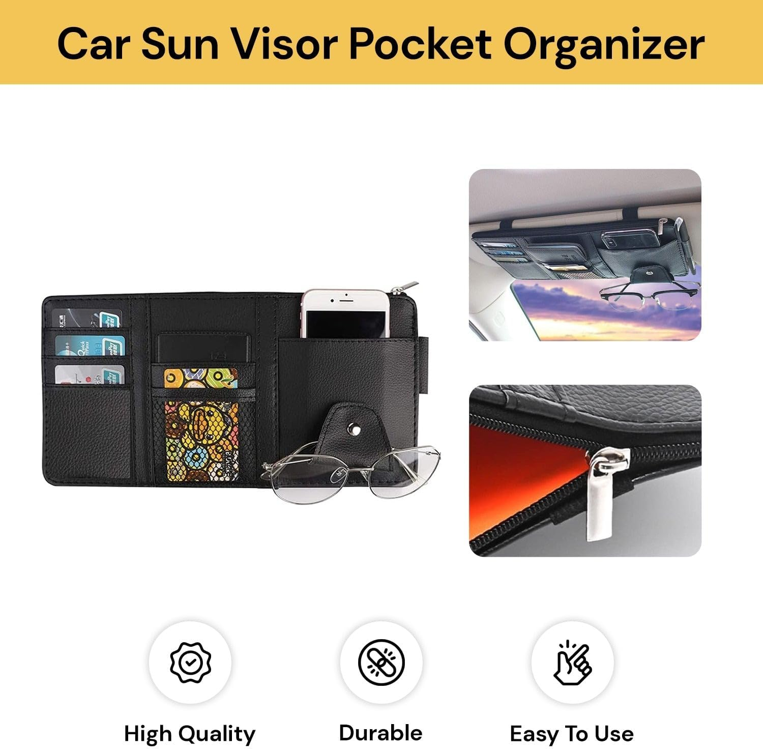 EZONEDEAL Car Sun Visor Organizer, Auto Interior Accessories Pocket Organizer - Car SUV Truck Organizer and Storage Pouch Holder, with Multi-Pocket Net Zipper - Car Visor Organizer (1Pcs) image number 3