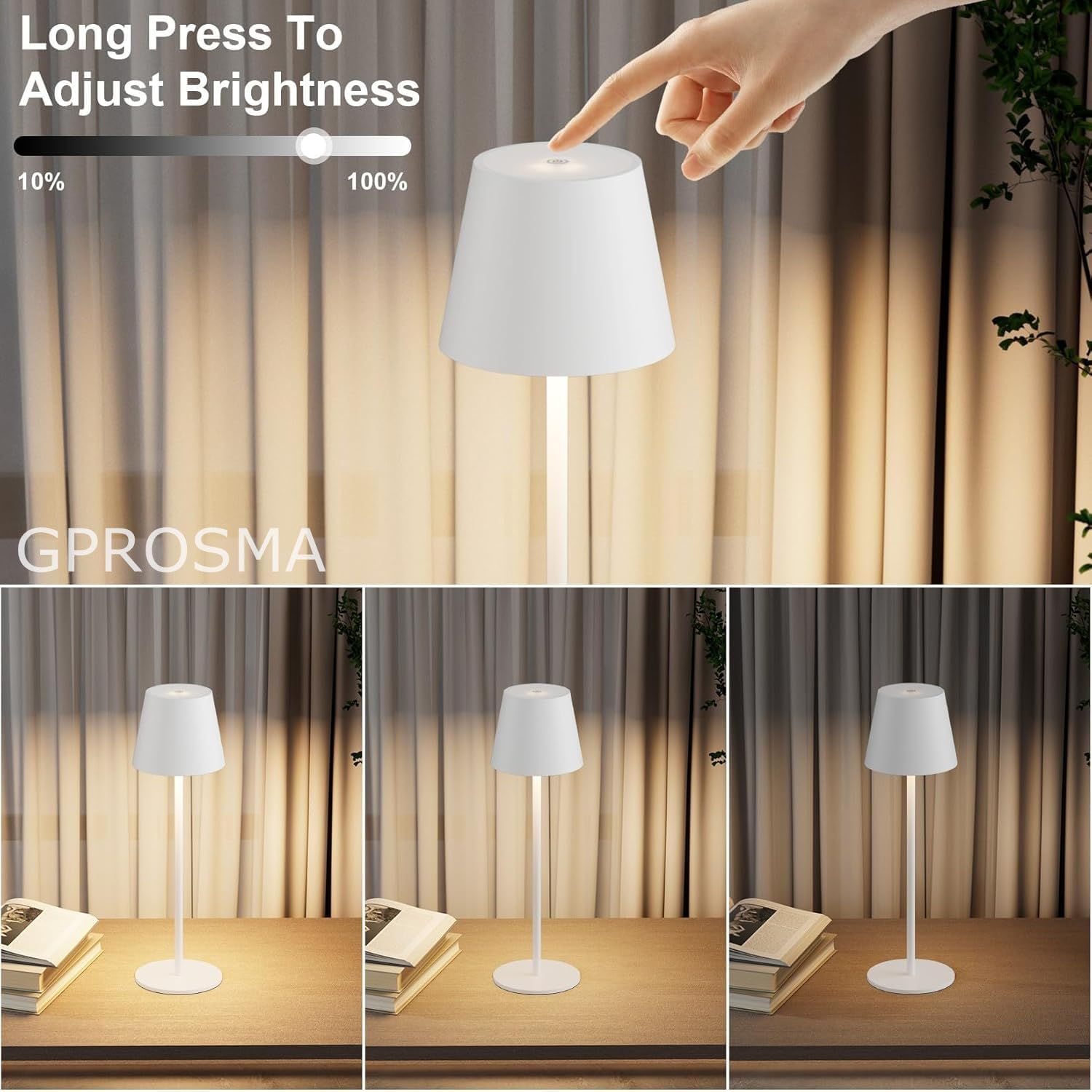 GEPROSMA Cordless Touchtable Lamp Bedside Lamp Rechargeable Battery Operated 4400MAH, Metal Modern Wireless Desk Lamp 38CM,3 LED Modes Dimming,Portable Light for Bedroom Living Room Outdoor,White image number 6