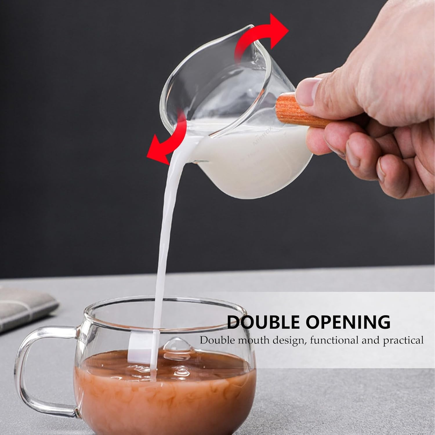 Cabilock Glass Milk Cup with Wooden Handle Double Spout Measuring Cup for Latte Art Coffee Espresso Cappuccino Accessories Home Coffee Bar Practical and Easy to Clean image number 6