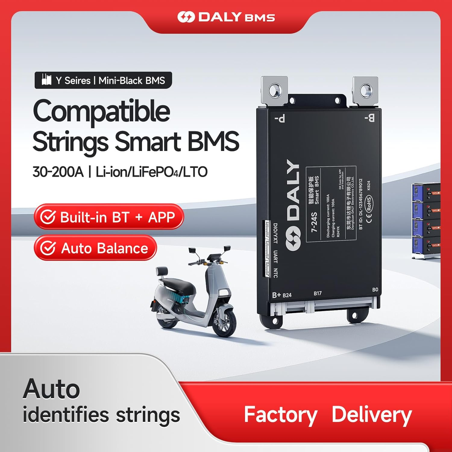 DALY BMS 100A 4S-8S 12V-24V - Smart Built-In Bluetooth Monitoring Lithium Battery Protection Lifepo4 Li-Ion LTO for E-Bikes Scooters