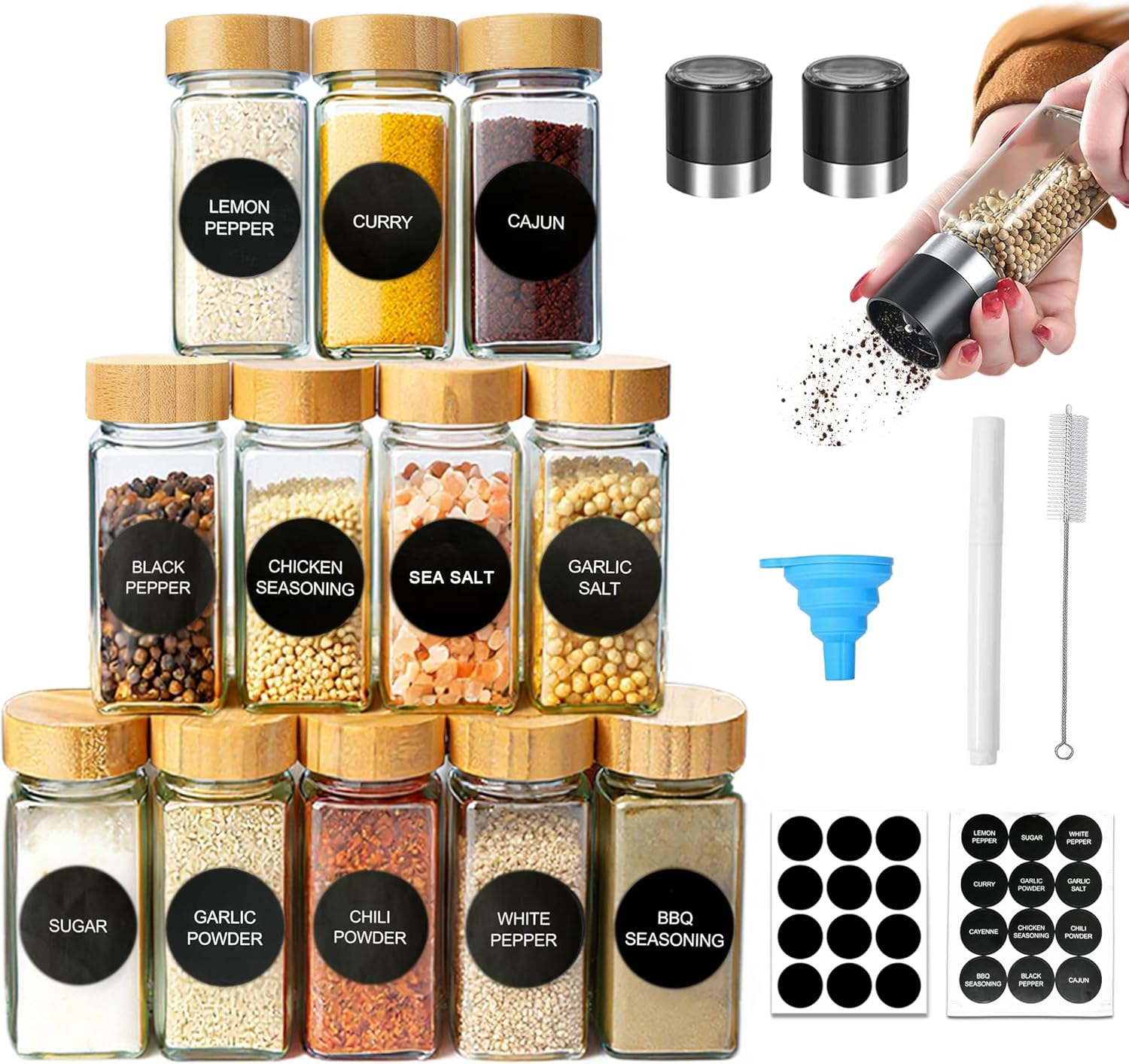 LIKHOPER Spice Jars Set of 12 &ndash; 120Ml Square Glass Bottles with Bamboo Lids, 2 Manual Grinder Tops, Kitchen Spice Storage Containers image number 3