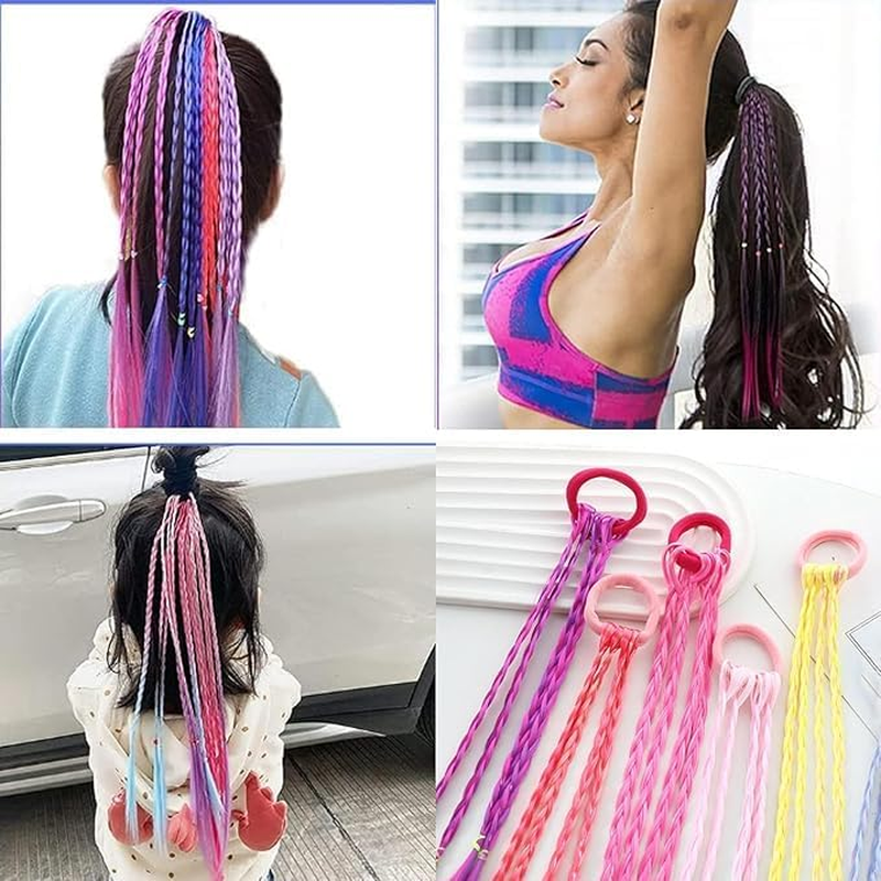 SHUNYUNG Colored Braids Hair Extensions, 12Pcs Rainbow Color Ponytail, Braided Hair Piece with Rubber Bands, Girls Hair Accessory, 17 Inch Length, Clip-In Installation