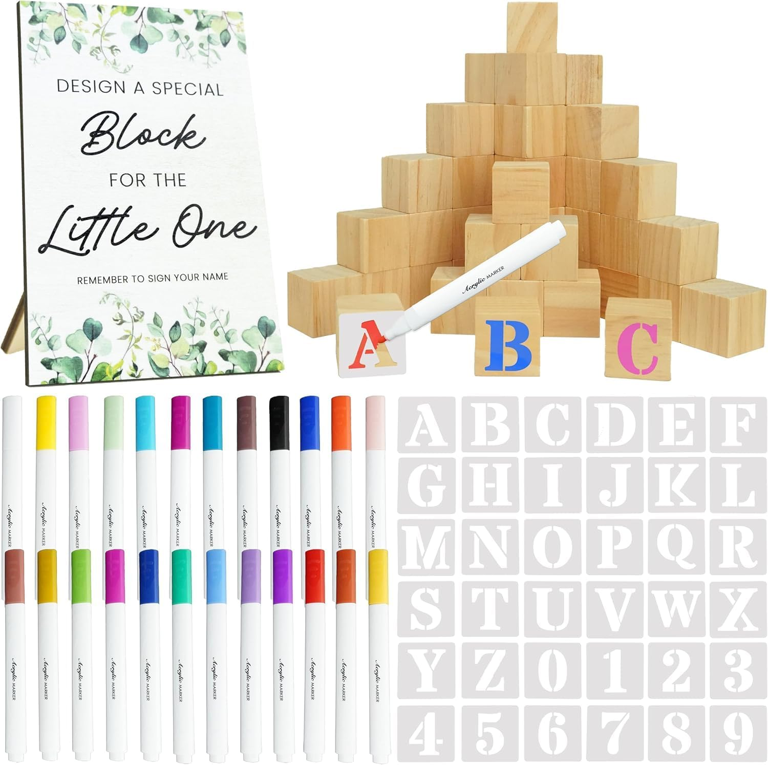111 Pcs Baby Shower Party Decorate a Block Games Kit Including Decorate Game Sign 50 DIY Wooden Block 24 Acrylic Paint Marker 36 Stencils Baby Shower Prize for Gender Reveal Game(Boho,Classic Color) image number 1