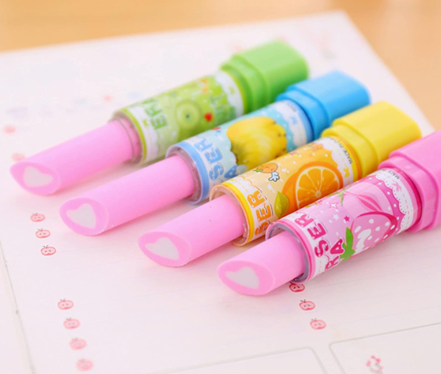 12 Pcs Cute Fruit Lipstick Style Pencil Erasers Novelty Lipstick Style Rubbers Retractable Erasers for Party Favors School Student Prizes Gift Filling image number 1