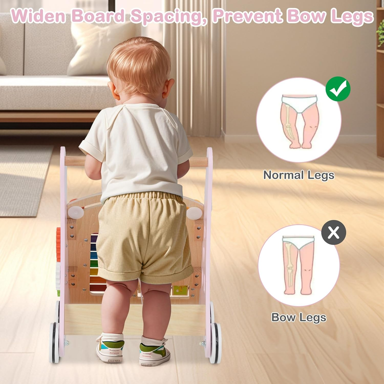 INFANS Wooden Baby Walker, Montessori Walker with Multiple Activity Toys, Storage, Push Walker Toys for Infant Learning to Walk, Sit to Stand for Boys Girls Aged 1+ Years (Pink)