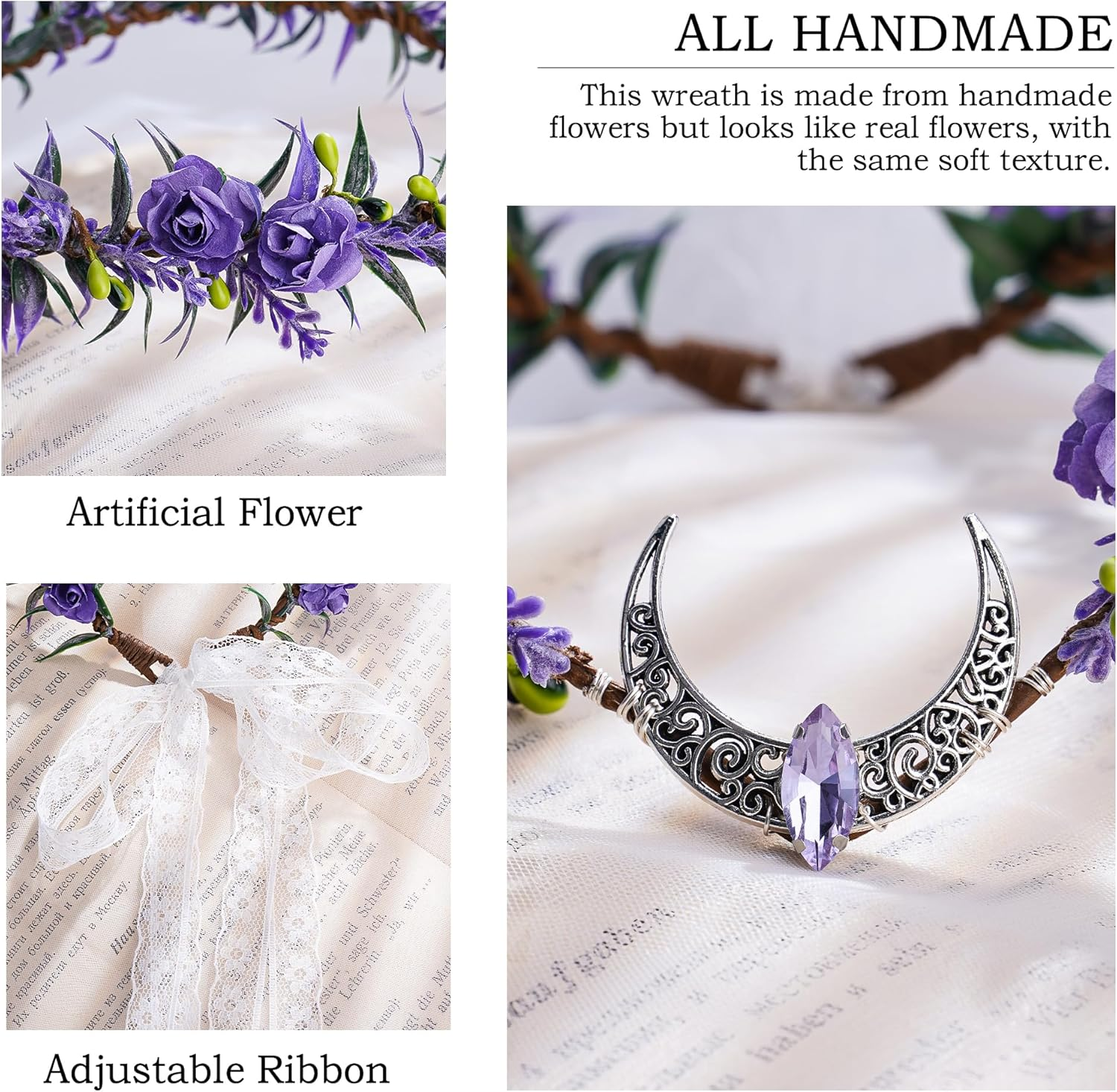 MOSTORY Purple Elf Headpiece for Women Moon Fairy Headpiece for Renaissance Party Flower Fairy Crown for Halloween Photo Shoots image number 2