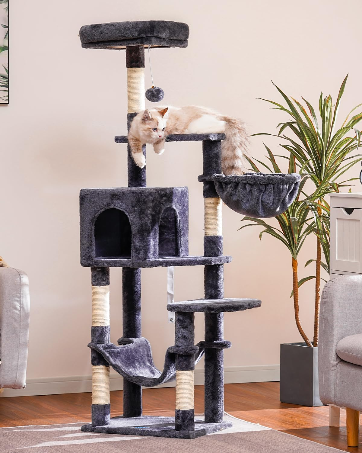 Hey-Brother Cat Tree with Large Hammock, Multi-Level Cat Tower for Indoor Cats, Cat Condo with Sisal-Covered Scratching Posts and Top Perch, Smoky Gray MPJ050G image number 6