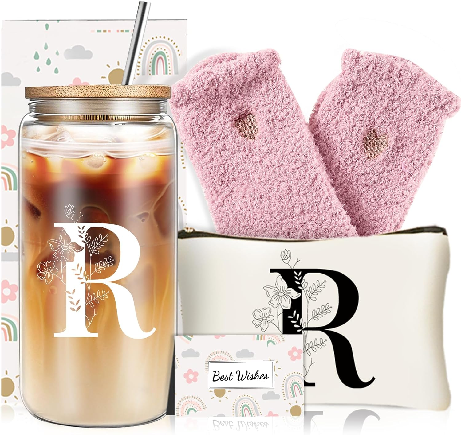 DHQH Personalized Initial Glass Cup with Lids and Straws, Monogrammed Gifts Box Included Ice Coffee Cup Makeup Bag for Her, Christmas Birthday Gifts for Women, R image number 2