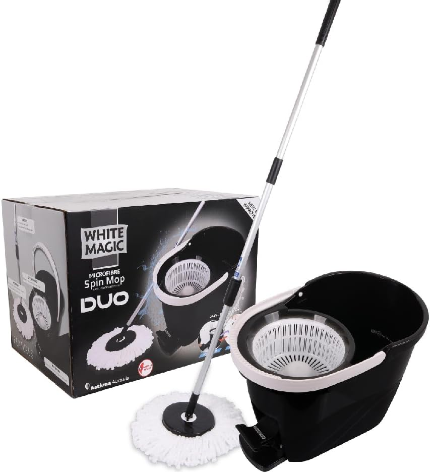 White Magic Spin Mop Duo - Black - Hand Press & Foot Press - Cleans All Hard Floors &ndash; Tile, Timber, Stone, Vinyl - Black/White &ndash; Original & Best image number 2