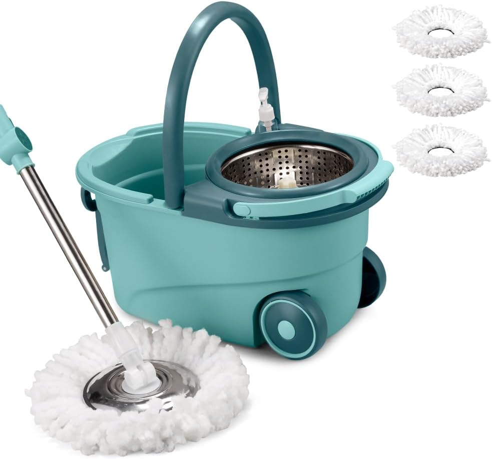 ZUNI 360&deg; Spin Mop and Bucket Set with 3 Microfiber Replacement Head Refills, Wet Dust Mop Set with Adjustable Stainless Steel Handle, Spinning Mop Bucket for Home Cleaning, Green