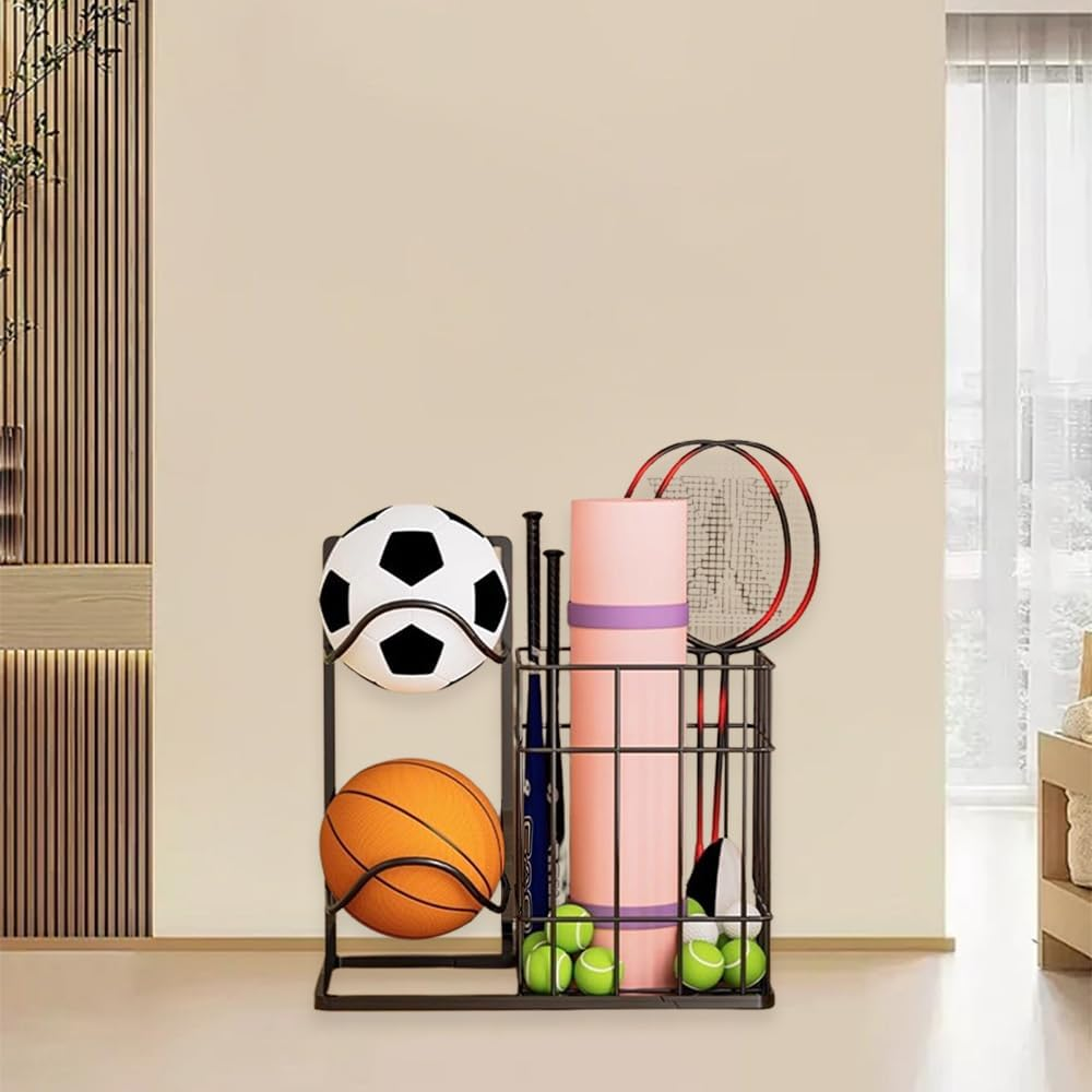 All-In-One Ball Storage Rack, Basketball Organizer Rack with Basket, Fitness Supplies Depositary, for Workout Room Garage School, Sports Equipment Storage for Football Tennis Badminton image number 5
