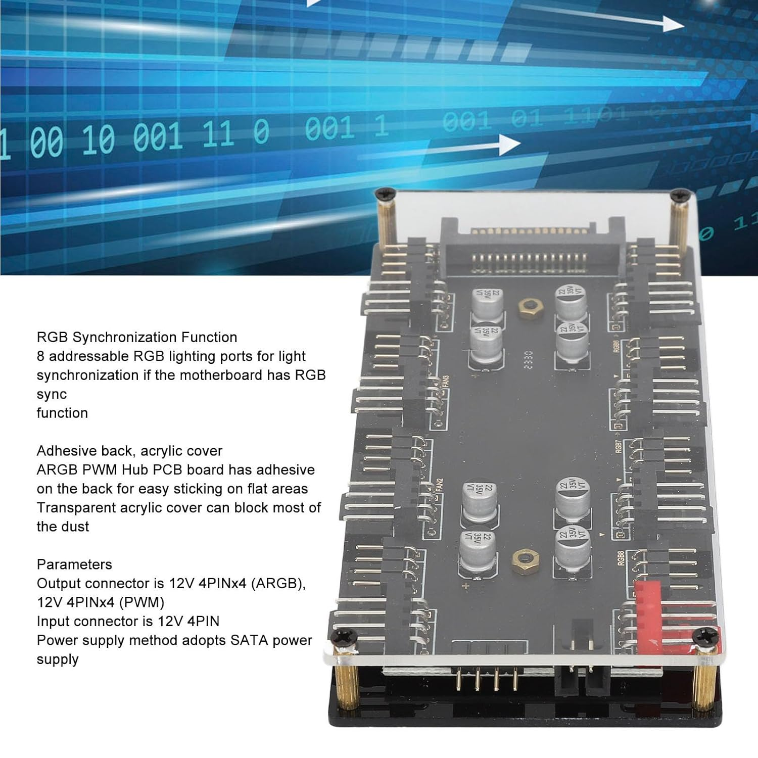 12V 4Pin ARGB PWM Hub, 8 Port ARGB PWM Fan Hub with RGB Synchronization Function, SATA Power Supply, Simple Cable Management for PC Case Fan