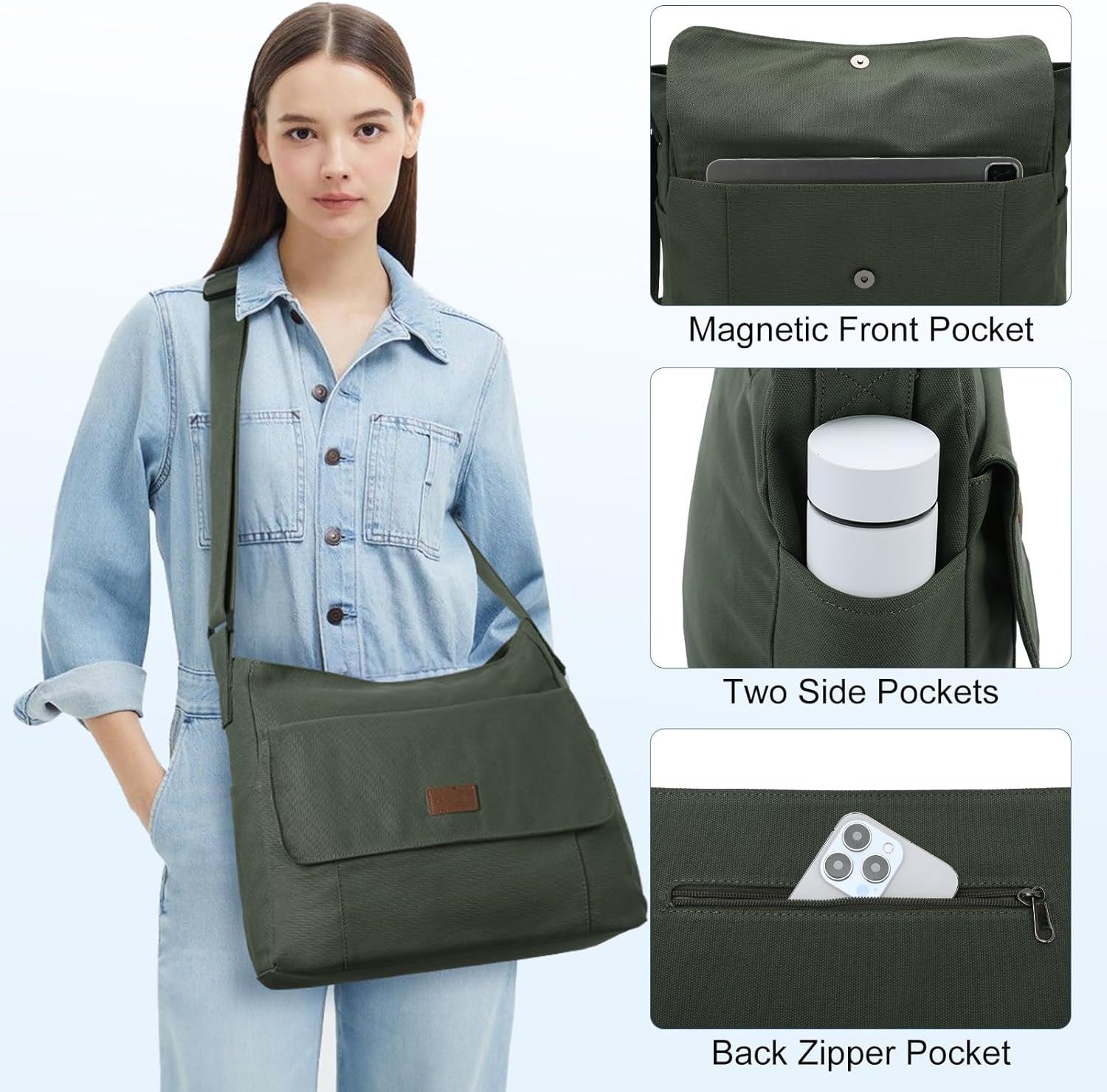 Canvas Messenger Bag,Chase Chic Large Laptop Crossbody Sholder Satchel Work College Tote Bag for Men Women - Coffee image number 4