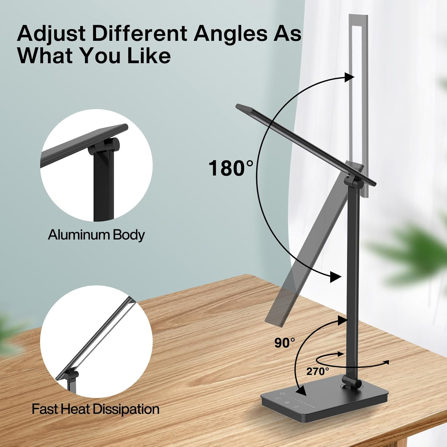 Aluminium Desk Lamp with LED Lighting, LED Desk Lamp with USB Charger Port, Built-In Timer,Foldable Table Lamp USB Plug, Eye Caring Reading Light for Office, Home, Dormitory Black