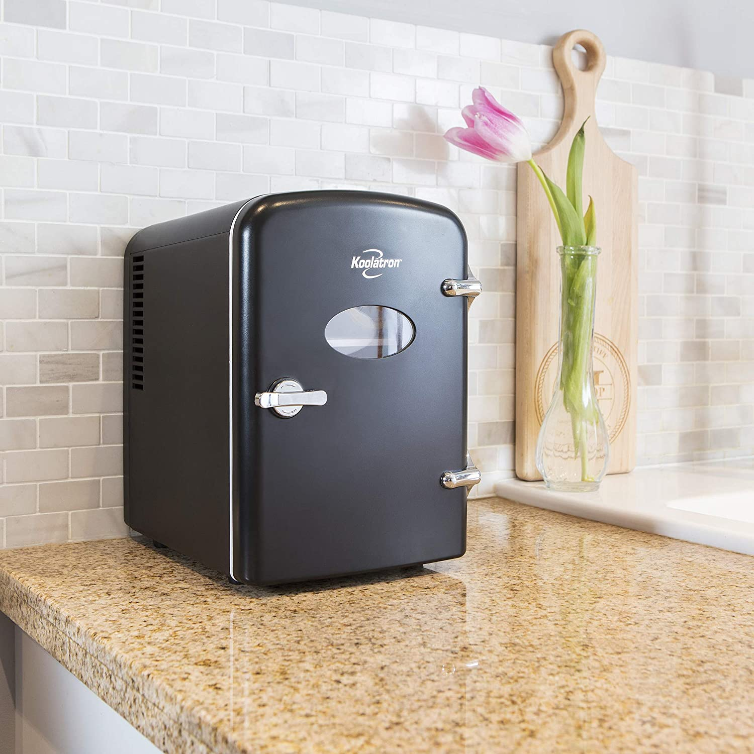 Koolatron Retro 4L 6 Can Portable Mini Fridge, Compact Car Refrigerator, Skincare Cosmetic Beauty Makeup Personal Cooler 12V and AC Cords Desktop Accessory for Bedroom Home Office Travel (Black)