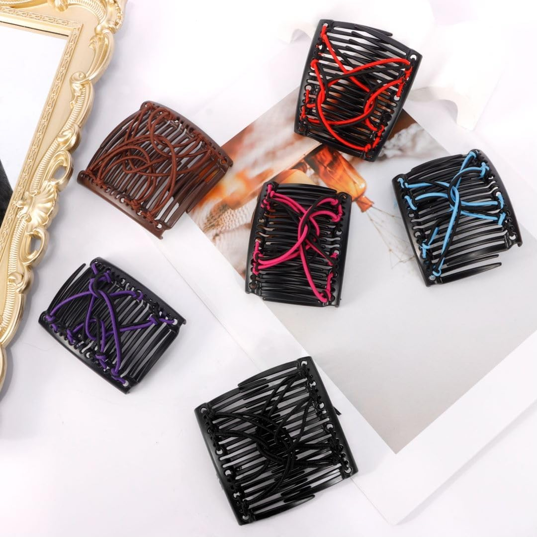 Chanaco 6Pcs Elastic Magic Hair Comb Clips for Thick, Curly, Wavy Hair - Brown, Black, Red, Purple, Blue, Rose Red - Women'S Fashion Vintage Hairstyle image number 3
