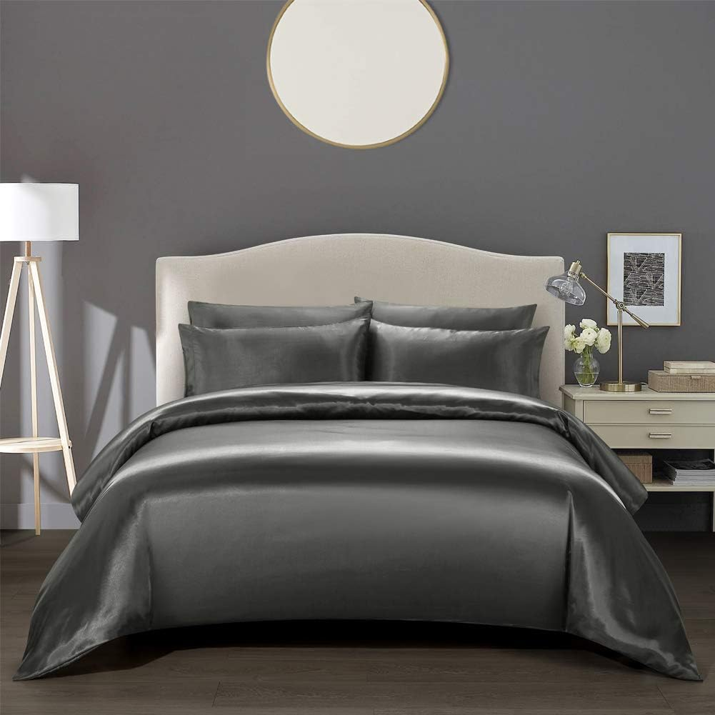 Aimay 3 Piece Duvet Cover Set (1 Duvet Cover + 2 Pillow Shams) Satin Silk Luxury 100% Super Soft Microfiber Bedding Collection (Queen,Black)