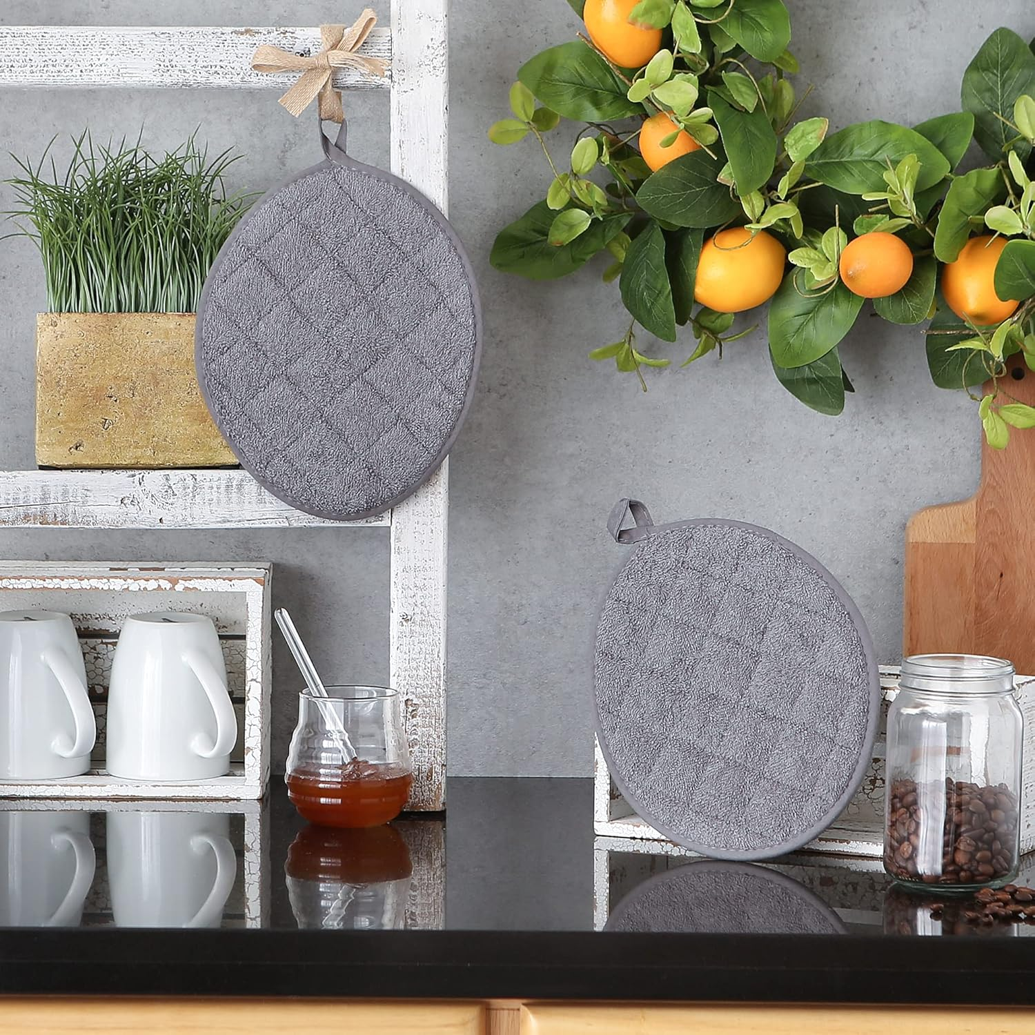 DII Basic Terry Collection Quilted 100% Cotton, Oval Potholder, Gray, 2 Piece image number 3