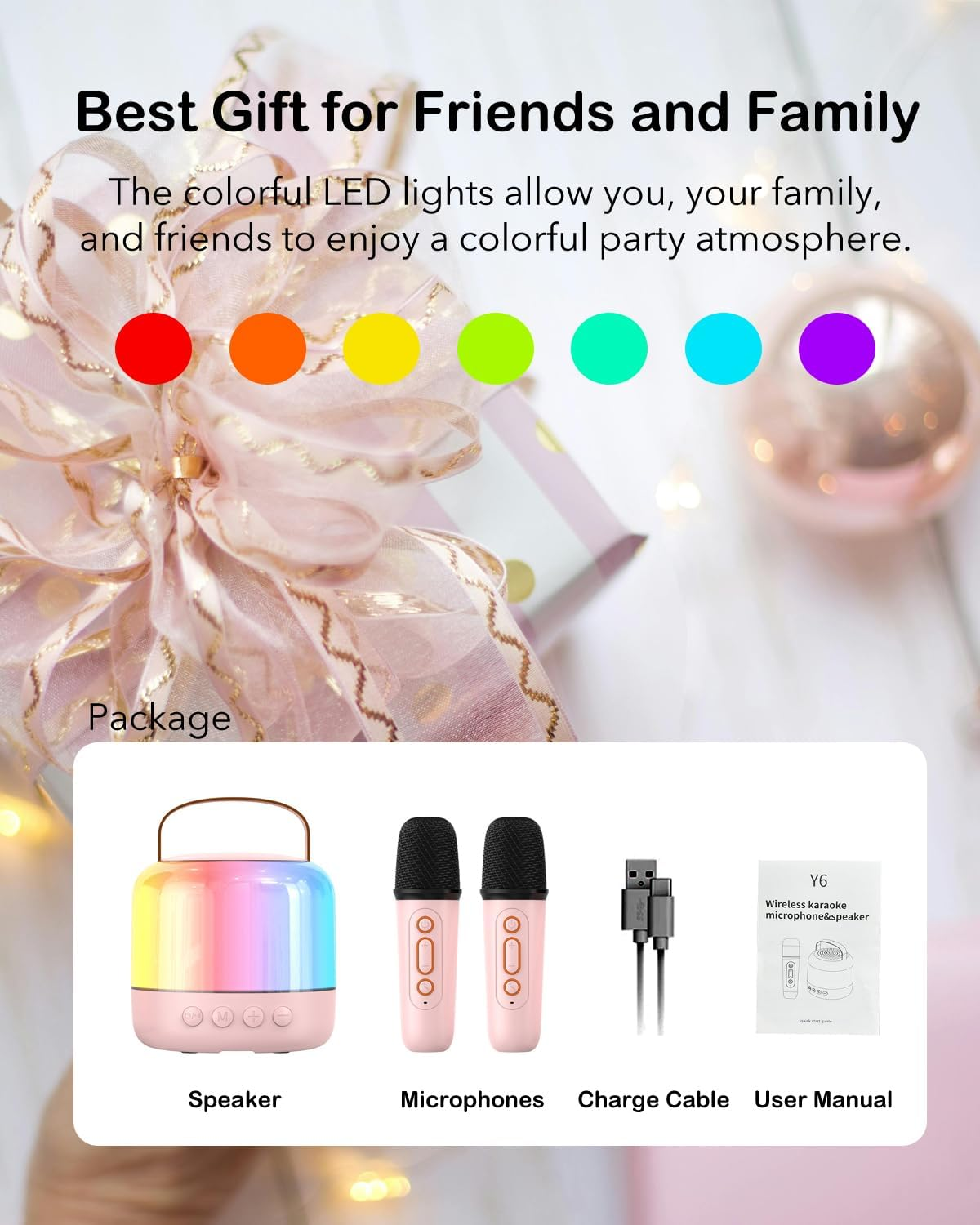 Karaoke Machine with 2 Microphones, Portable Bluetooth Karaoke Machine for Children Adults with Voice Changing Effects & LED Lights Boys Girls Gifts Toy (Pink) image number 2