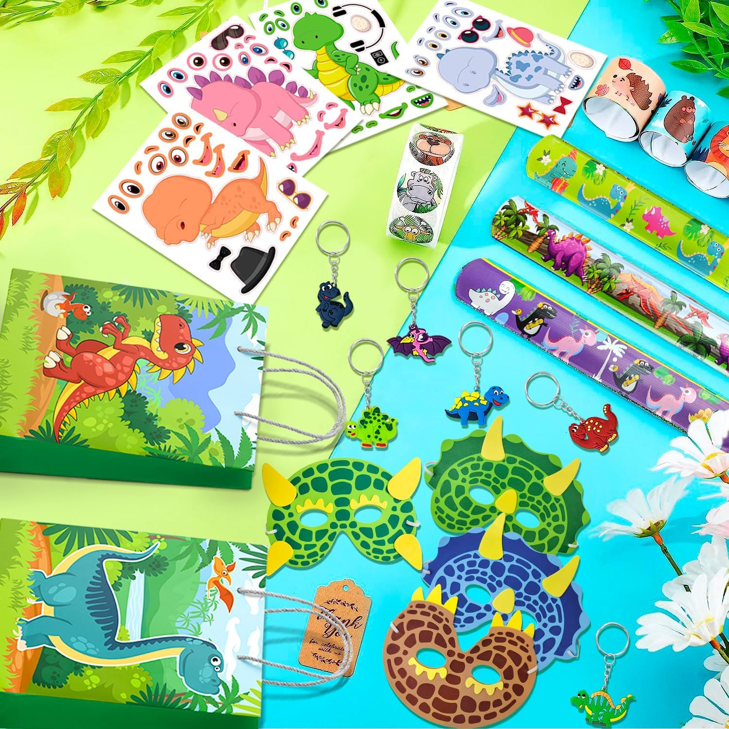 96Pcs Dinosaur Party Favors for Kids All-In-One Dinosaur Birthday Party Favors Set Dino Party Favor Bags Keychains Stampers Stickers Toys Clap Bracelets Etc Dinosaur Birthday Party Supplies image number 4