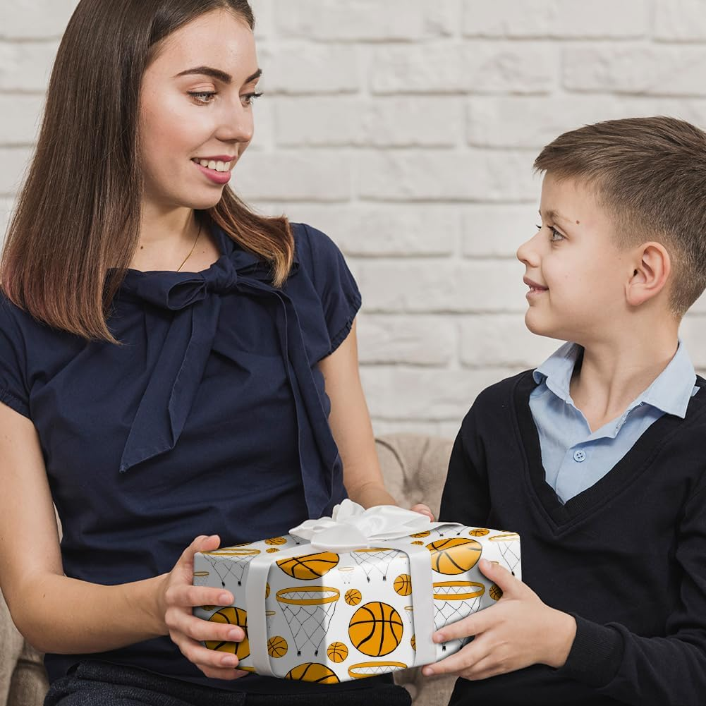 Basketball Wrapping Paper for Men Women, Large & Small Basketballs/Hoops Patterns on White Art Paper - Sports Theme Design for Basketball Player Kids Boys Girls Birthday Party Match Gift Wrap Paper image number 2