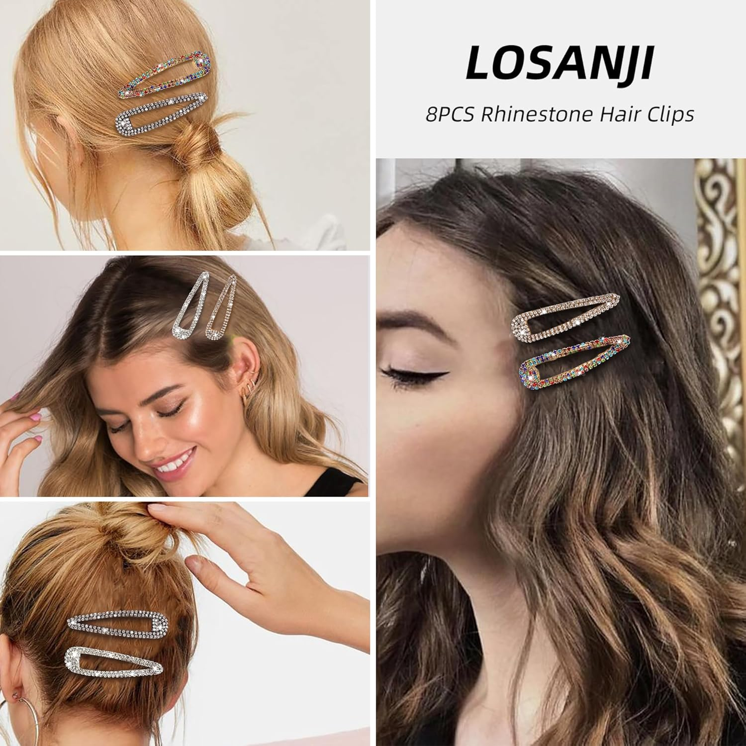 LOSANJI 8PCS Rhinestone Hair Clips, Water Drop Crystal Hair Barrettes, Bling Metal Snap Duckbill Hairpins Sparkle Hair Pin, Glittering Hair Accessories for Women Girls-Color, Gold, Silver, Black