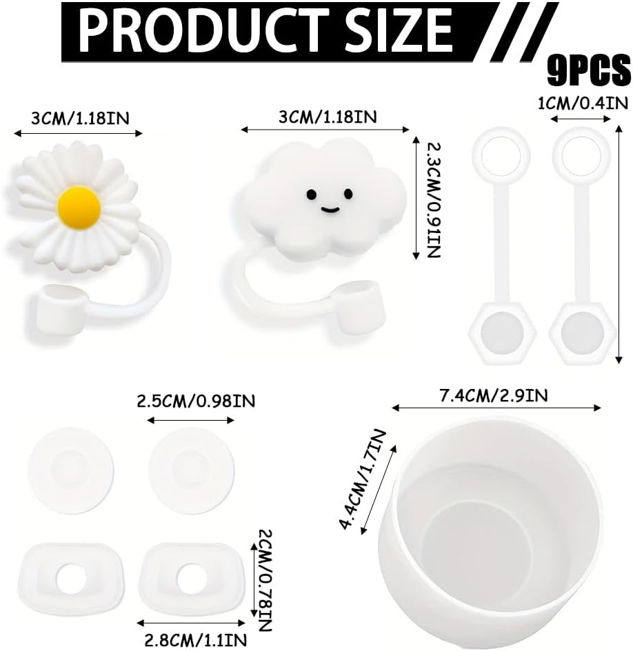 Spill Stoppers Set for Stanley Cup Accessories 7 Pcs Silicone Set Including 4 Pcs 10 Mm Straw Cover Cap 2 Pcs Leak Stoppers 1 Pcs Protective Boot for Stanley 20Oz 30Oz 40Oz Tumbler (White)