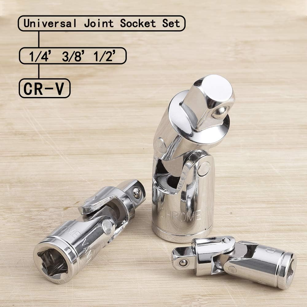 3PCS Universal Joint Socket Set, Chrome Vanadium Steel Swivel Socket Adapter Set, 1/4IN, 3/8IN, 1/2IN Drive Universal Joint Set image number 4