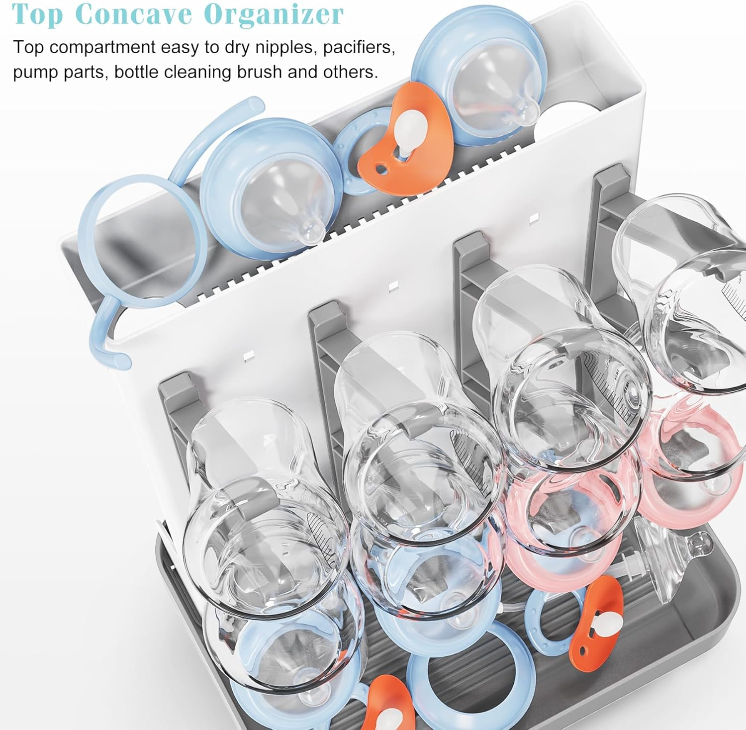 ZERIFAM Baby Bottle Drying Rack, Space Saving for Countertop and Kitchen, Large Capacity Vertical Standing Baby Bottle Organizer & Holder for 12Pc Bottles and Accessories, Pump Parts, Pacifiers (Grey) image number 4
