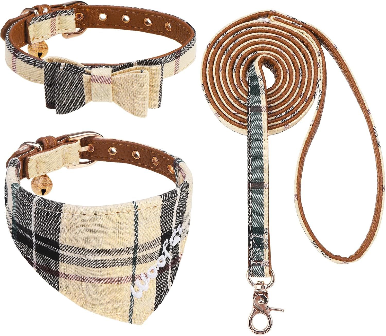 KOOLTAIL Small Dog Collar and Leash Set with Bowtie and Bells - Puppy Collar and Leash for Female/Male with Classic Plaid Matching Pattern, Soft Leather Leashes for Small Dogs Boys Girls, Shirt Plaid
