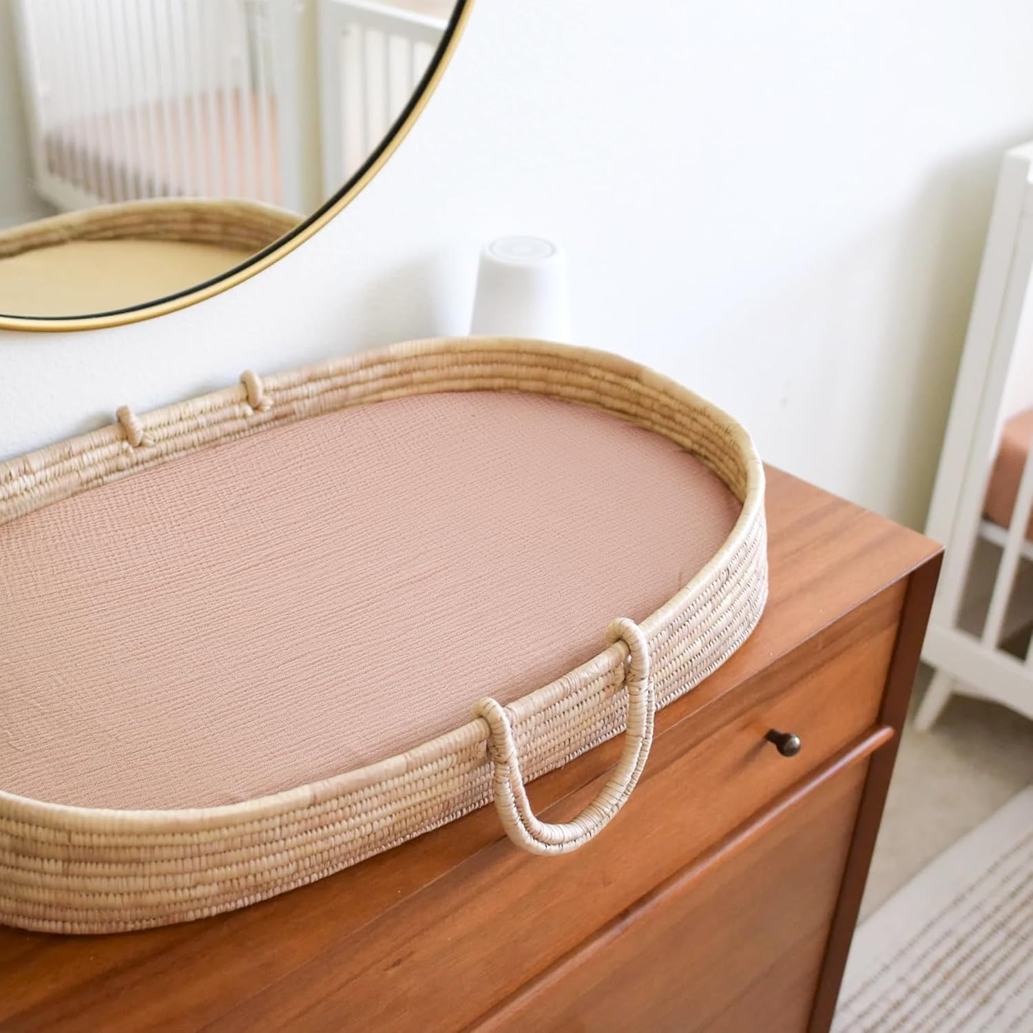 Muslin Bassinet Sheets for Babies &ndash; Soft & Breathable 100% Cotton Fitted Sheets for Oval, Rectangle, Hourglass Bassinet Mattress Pads, 2-Pack (Ivory & Pink) image number 5