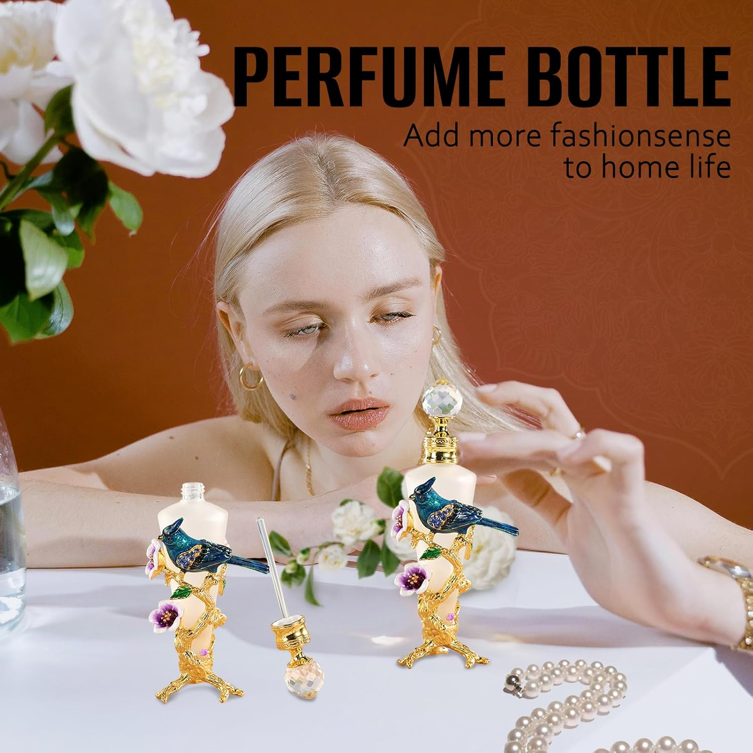Joyeee Vintage Glass Perfume Bottle with Flower and Blue Bird, 1 Pack 25Ml Tall Perfume Bottles for Dresser Table Decor, Mother Day, Birthday Token for Colleague Friends Mom Grandma image number 1