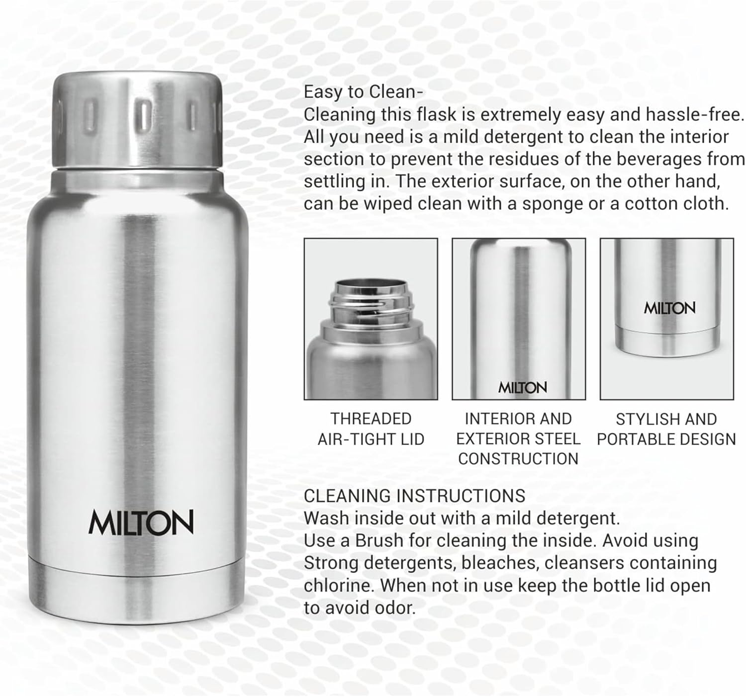 Milton Insulated Small Water Bottle 5.4 Oz (160 Ml) Stainless Steel Double Walled Vacuum Flask Hot and Cold Drinks, Leak-Proof Simple Screw Lid, Office, Gym, Elfin 160 Silver image number 3
