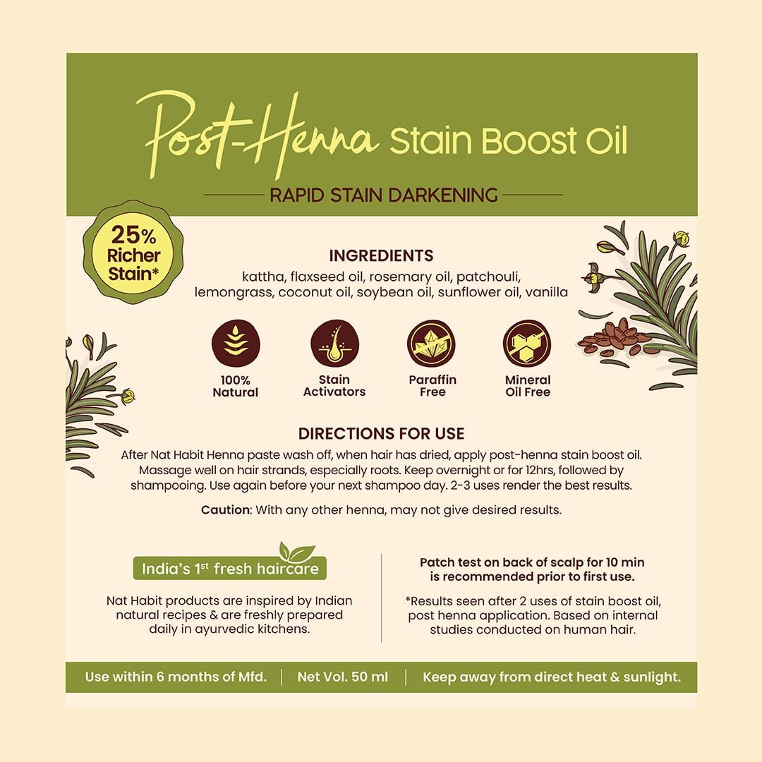 Nat Habit Post Henna Stain Boost Oil for Rapid Stain Darkening, Deep Nourishment Post Henna Application, Relieving Dryness & Leaving Hair Shiny & Dark Brown, 50Ml image number 5