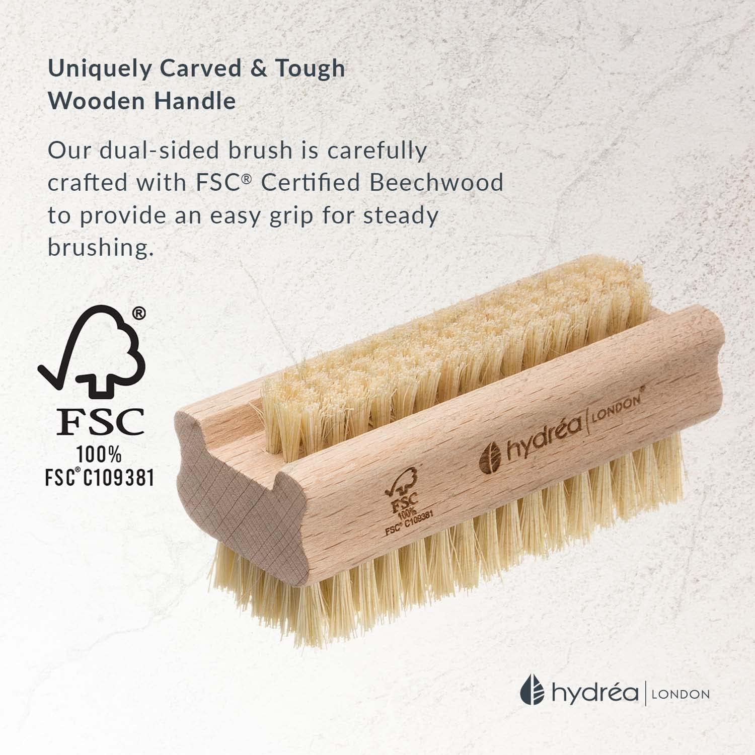 Hydrea London Nail Brush - Double-Sided Pedicure & Manicure Brush with Natural Cactus Bristles - 100% Vegan Hand Scrub, Fingernail Cleaner, & Tough Toenail Cleaning Scrubber - FSC&reg; Certified Beechwood