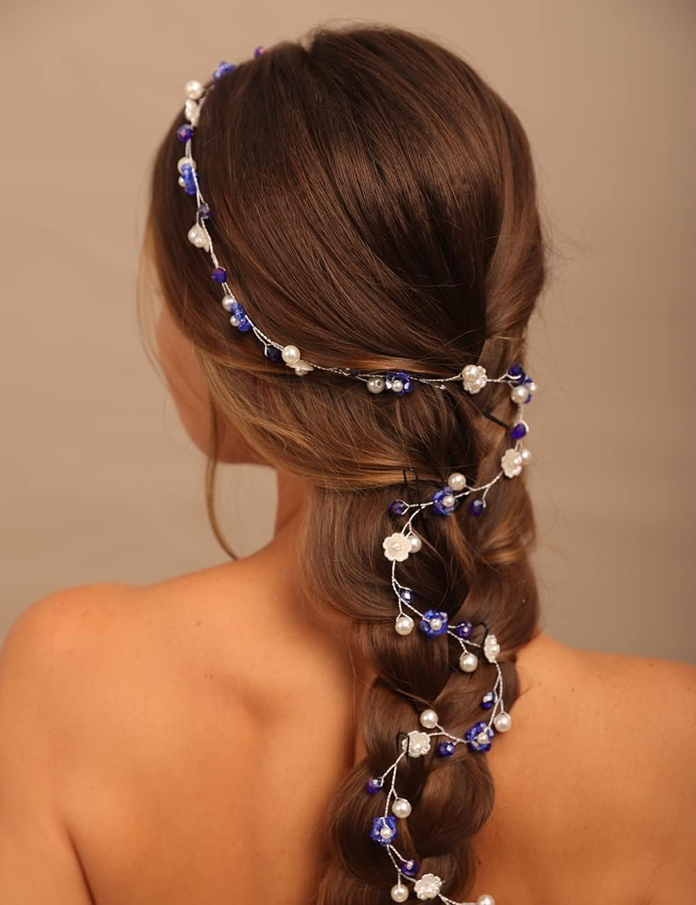 Teyglen Women Bride Wedding Blue Flower Crystal Headband Hair Vine Handmade Pearl Bridal Navy Blue Beads Headband Wedding Hair Accessories for Brides Floral Hair Pieces Headpieces for Women Girl image number 2